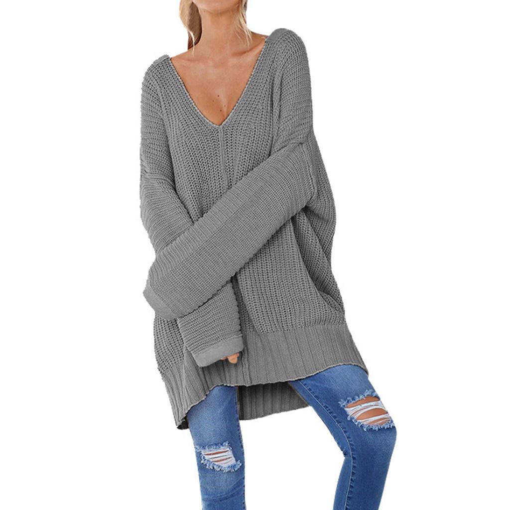 Fashion Women Casual Solid Long Sleeve Jumper V-Neck Lazy Loose Sweater Blouse