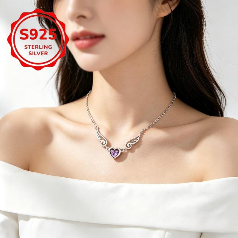 Ladies S Sterling silver layered wing heart necklace with purple heart-shaped synthetic cubic zirconia, double-layer chain necklace, hypoallergenic