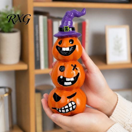 Durable Resin Pumpkin Art Halloween Statue, Spooky Face Figurine for Holiday Seasonal Home Decor Indoor Tabletop, Tiered Tray, Party, Funny Cartoon