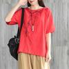 Embroidered Cotton and Linen Women's Summer Loose  Retro Round Neck Short-sleeved T-shirt Top Women