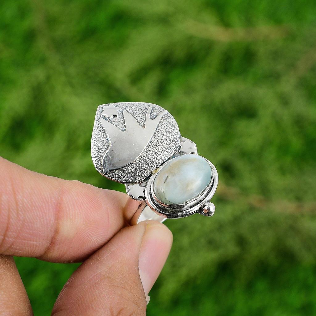 Gift For Women Promise Bird Adjustable Ring 925 Silver Natural Larimar Gemstone
