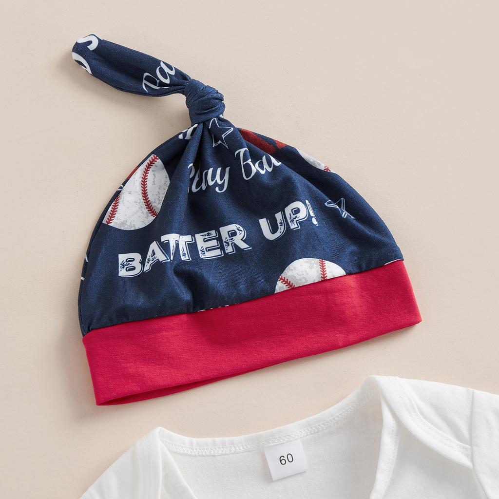 Летние комплекты для маленьких мальчиков Белый ромпер с коротким рукавом и принтом букв + Брюки с принтом бейсбольного мяча + Шляпа