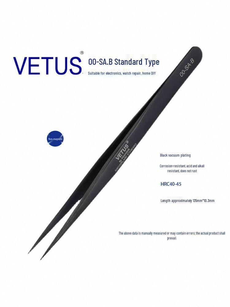 VETUS SA Black Series 302 Stainless Steel Precision Tweezers for Mobile, Watch Repair, Hair Removal, and Bird's Nest Picking
