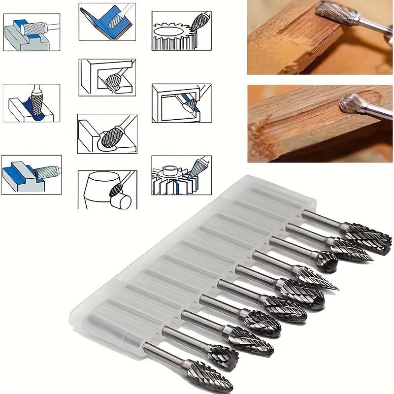 Набор из 10 бит из вольфрамовой стали для снятия заусенцев - фрезерные головки с двойной насечкой, универсальные для дерева, металла, камня, полировки, резьбы и гравировки