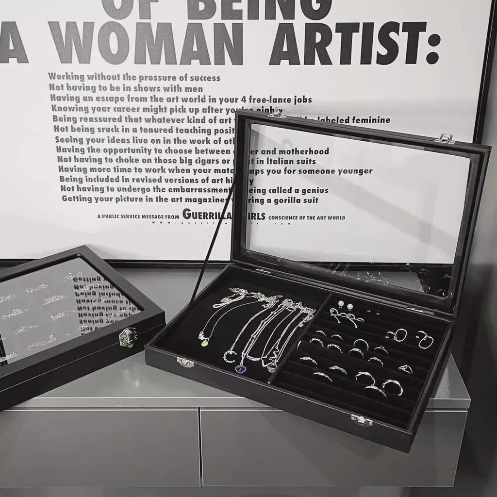 Черная бархатная шкатулка для украшений с решеткой и крышкой — высококачественное пыленепроницаемое хранилище для ожерелий, колец и сережек