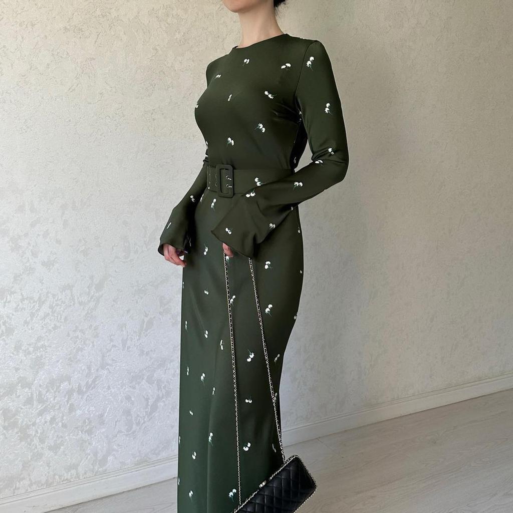 Spring and Autumn Women's Dress Fashion Temperament Long Sleeve Slim Ruffle Dress Long Dress
