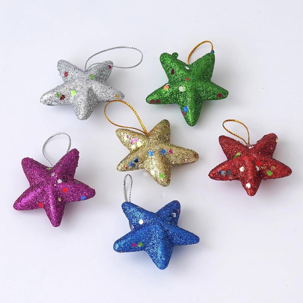 Multicolor Glittering Stars(Set of 6)| for Christmas Tree| Christmas Tree Star | Xmas Stars Hanging Outdoor Indoor Home Office Church