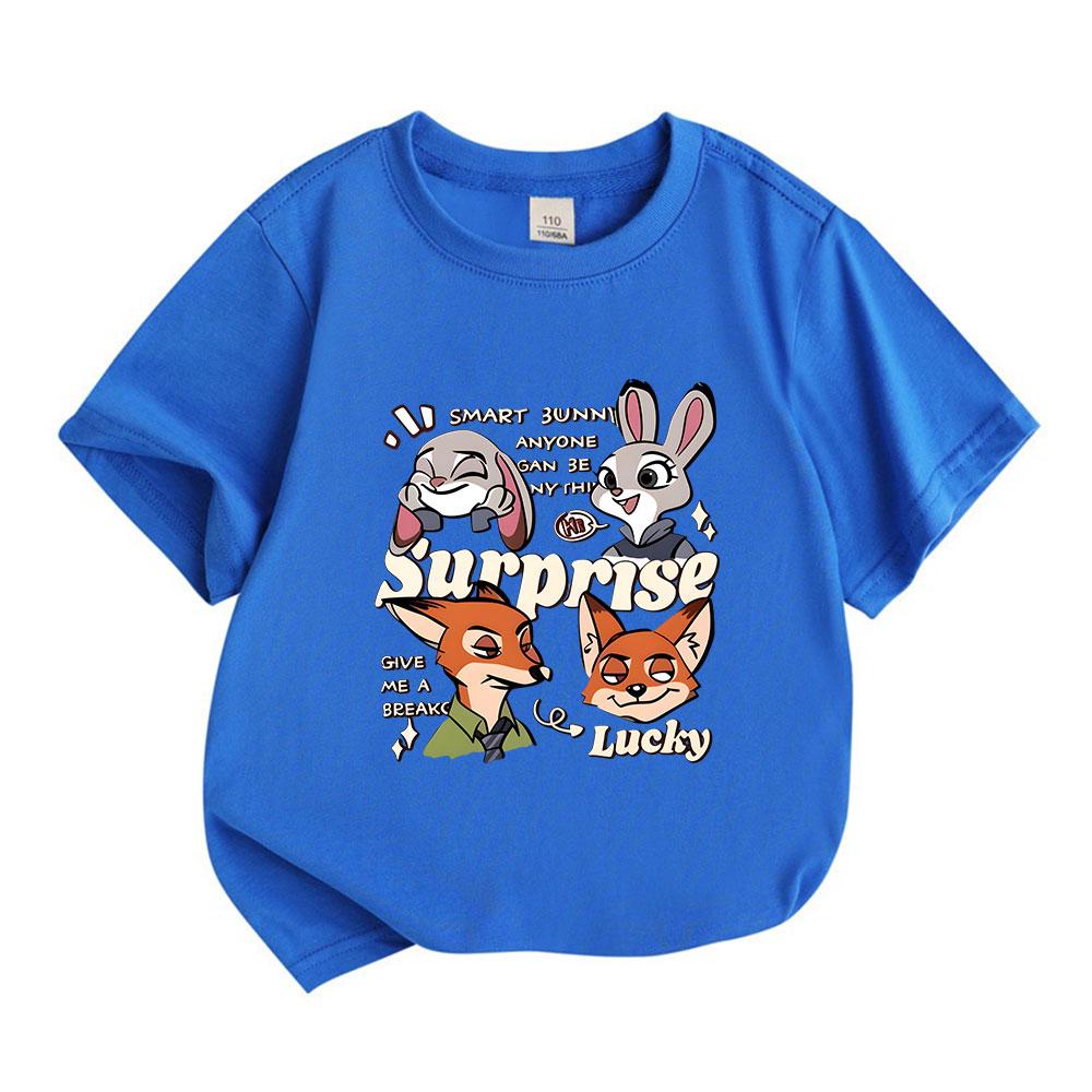 Kids Boys Girls 100% Cotton Crew Neck Short Sleeve T-Shirt, Cute Cartoon Fox Rabbit Print Casual Lightweight Summer Tee for Daily Wear
