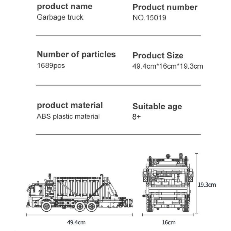 MOULD KING 15019 Технический автомобиль, игрушки для мальчиков, моторизованная модель мусоровоза, строительные блоки MOC-38031, кирпичи, детские рождественские подарки