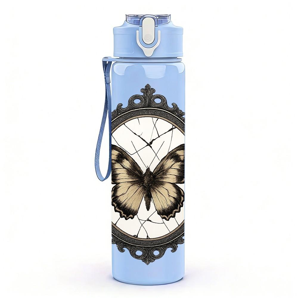 1PC Butterfly In Vintage Frame Print 750ml Color Plastic Sports Water Bottle Leakproof Flip Straw Lid Suitable for Sports Office Home Use