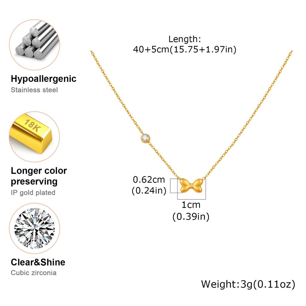 Minimalist Zircon Bowknot Pendant Necklace for Women, 18K Gold Plated Stainless Steel Necklace, Waterproof Jewelry Accessories