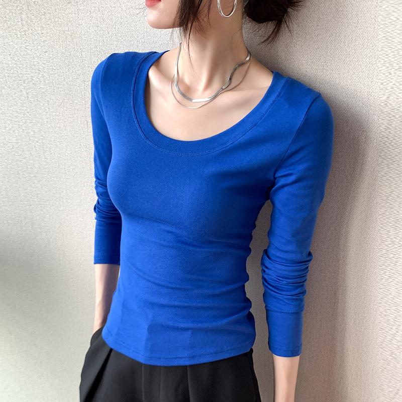 Pure Cotton Long-sleeved Women's T-shirt, Shoulder, Autumn New Style, Slimming, Solid Color, Large Size Top, Bottoming Shirt