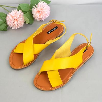 Модные женские сандалии Кожаные женские туфли Летний модный дизайн Плоская подошва Перекрестная пряжка Открытый носок Большой размер 37-41 Sapatos Femininos