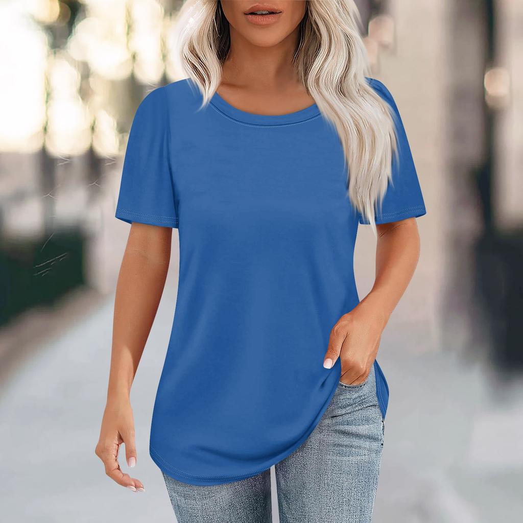 Women's Fashion Casual Solid Color Round Neck Short Sleeve T-shirt Tops