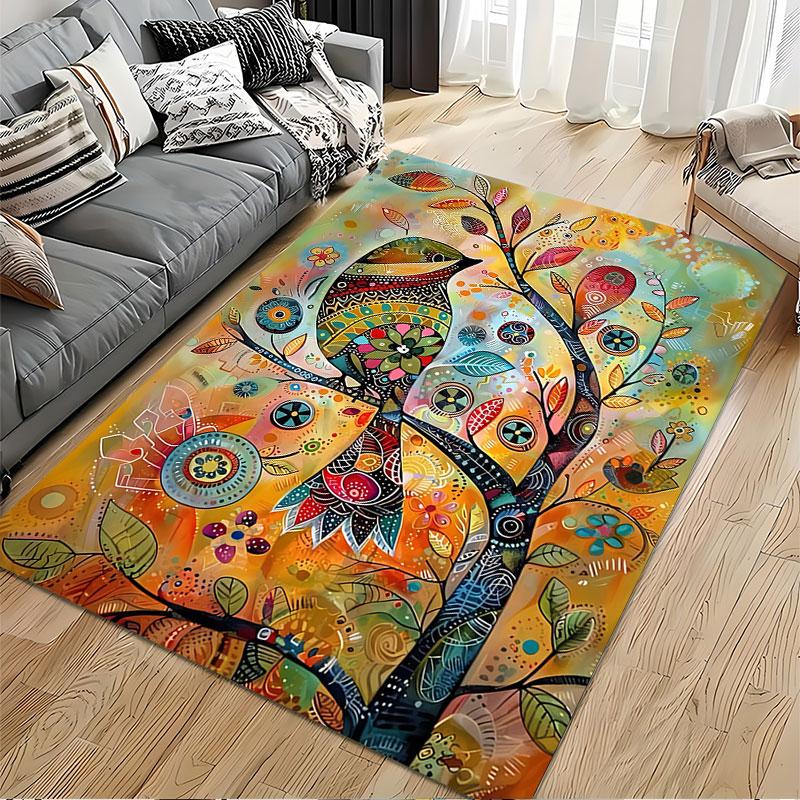 Colorful Bird and Tree Art suitable as a non-slip mat for the living room or bedroom sofa