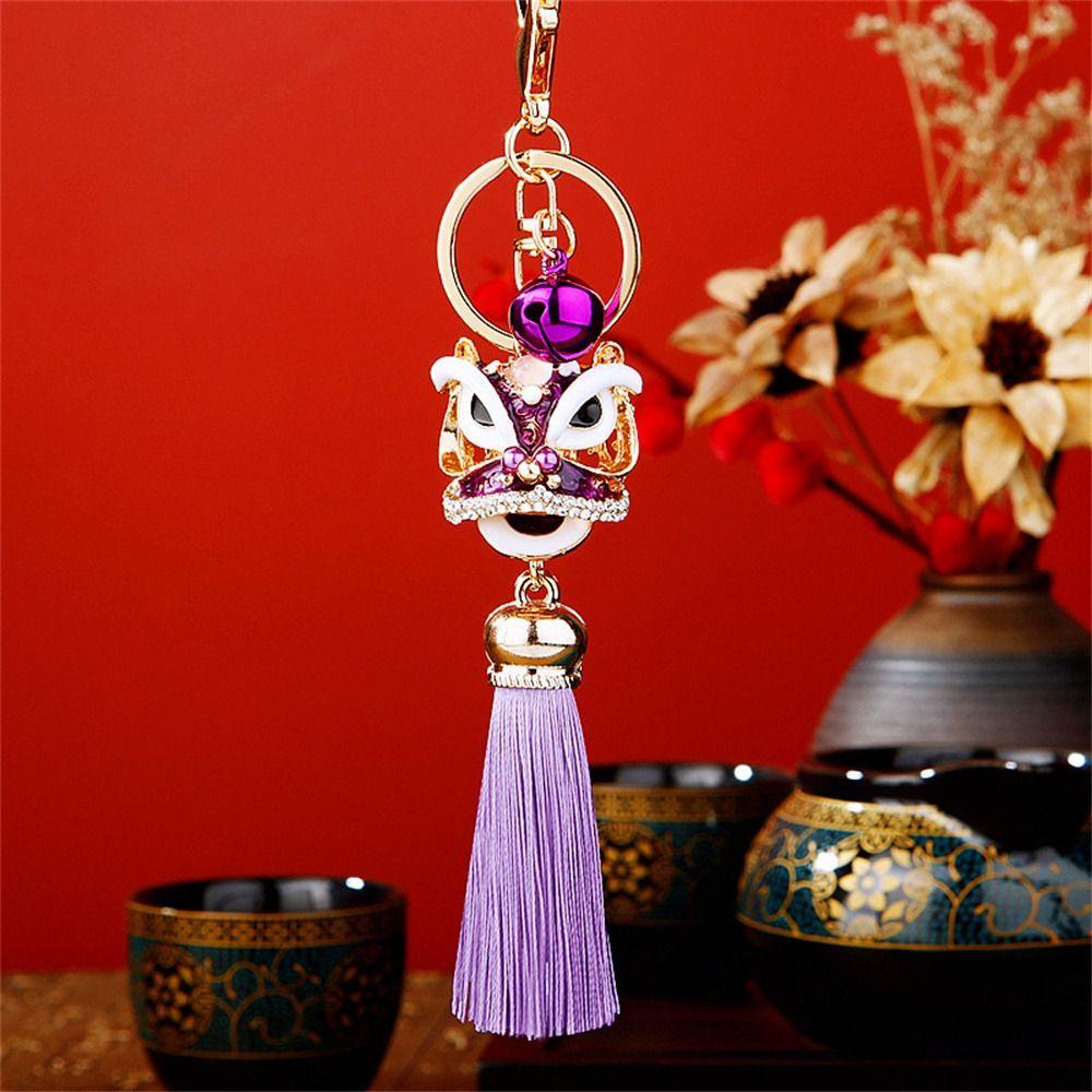 Ancient Mascot Lion Dance Keychain Crystal Animal Lion Wake Keychain Delicate Women Bags Holder