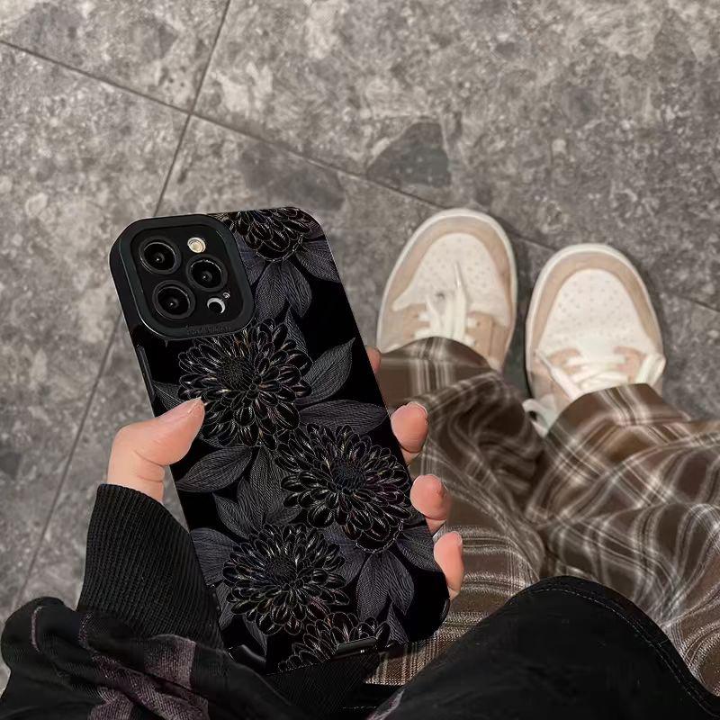 Роскошный силиконовый кожаный чехол с темными цветами для iPhone 13 14 Plus 12 11 16 15 Pro Max Mini X XS XR 7 8 SE, противоударный, с полным покрытием