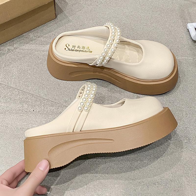 Thick-soled Bag Head and Half Slippers, Women Wear New Pearl Fairies In Spring and Summer, and Mary Jane Single Shoes Women with One Pedal.