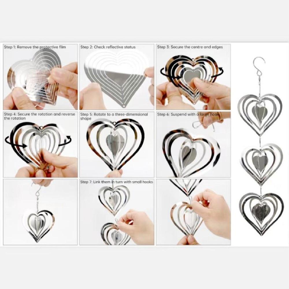 Reflective Surface 3D Metal Heart Double-Sided Wind Spinner Heart Wind Chime Garden Hanging