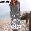 Women's Fashion Summer Spring Solid Color Print Short Sleeve V-Neck High Waist Casual Dresses