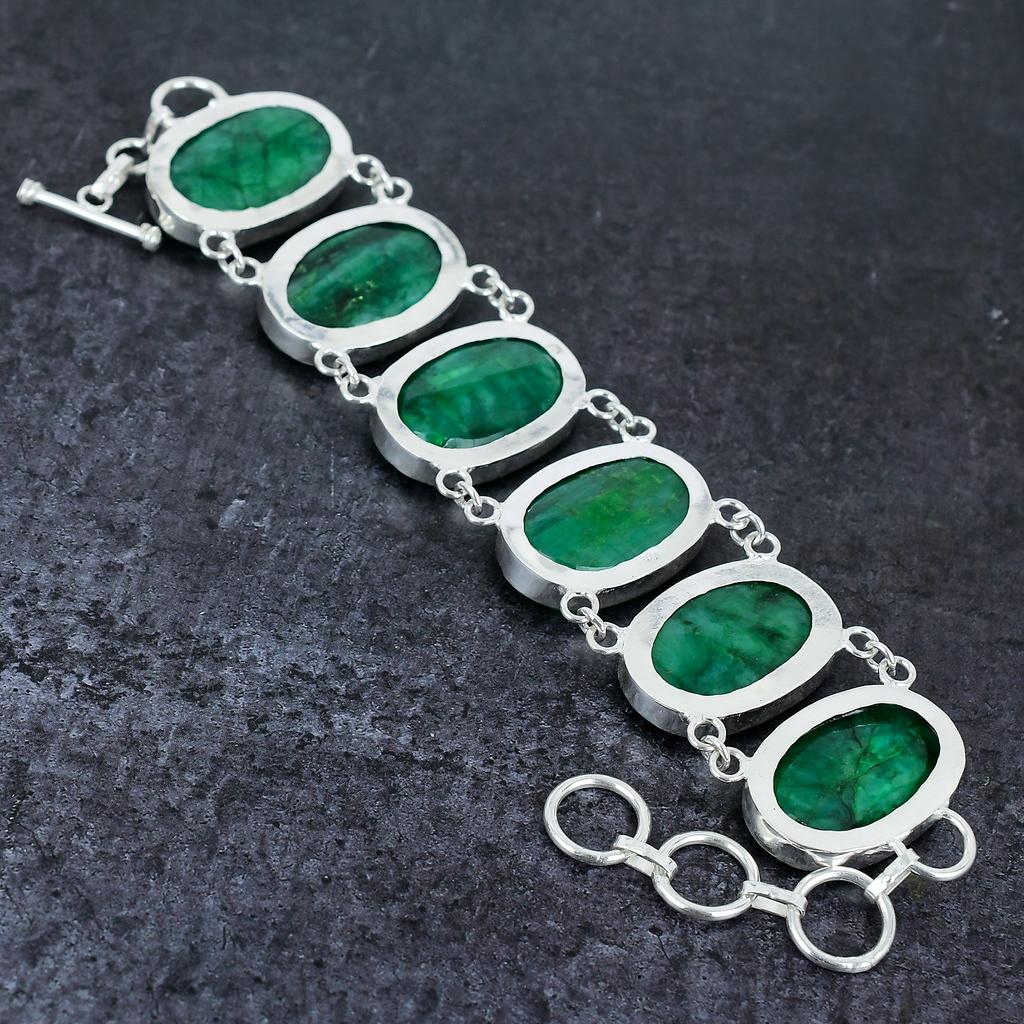 Natural Emerald Gemstone Handmade 925 Sterling Silver Bracelet 7-8" C5i23