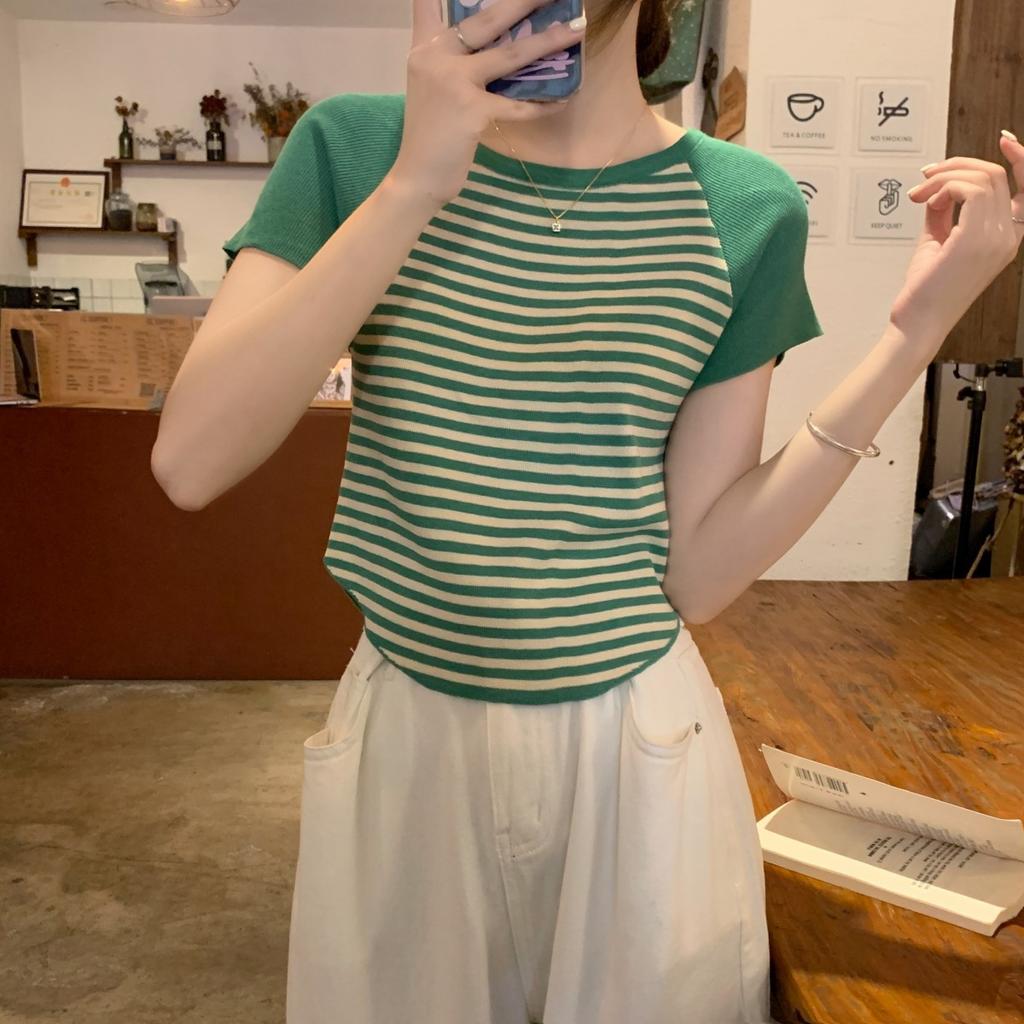 Summer Temperament Shoulder-length Contrasting Stripes Versatile Ice-cool Knitted Sweater Short-sleeved T-shirt Women's Top