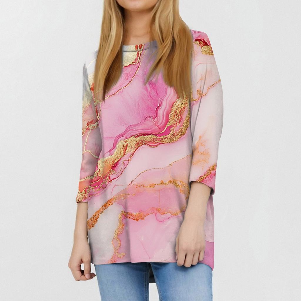 Women's Fashion Casual Round Neck 3/4 Sleeve Loose Printed T-Shirt Ladies Top