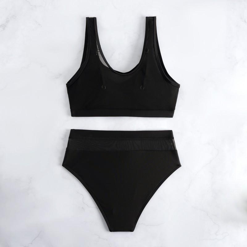 Sexy Fashionable Mesh Stitching Solid Color Vest Women's Split Swimsuit BIKINI