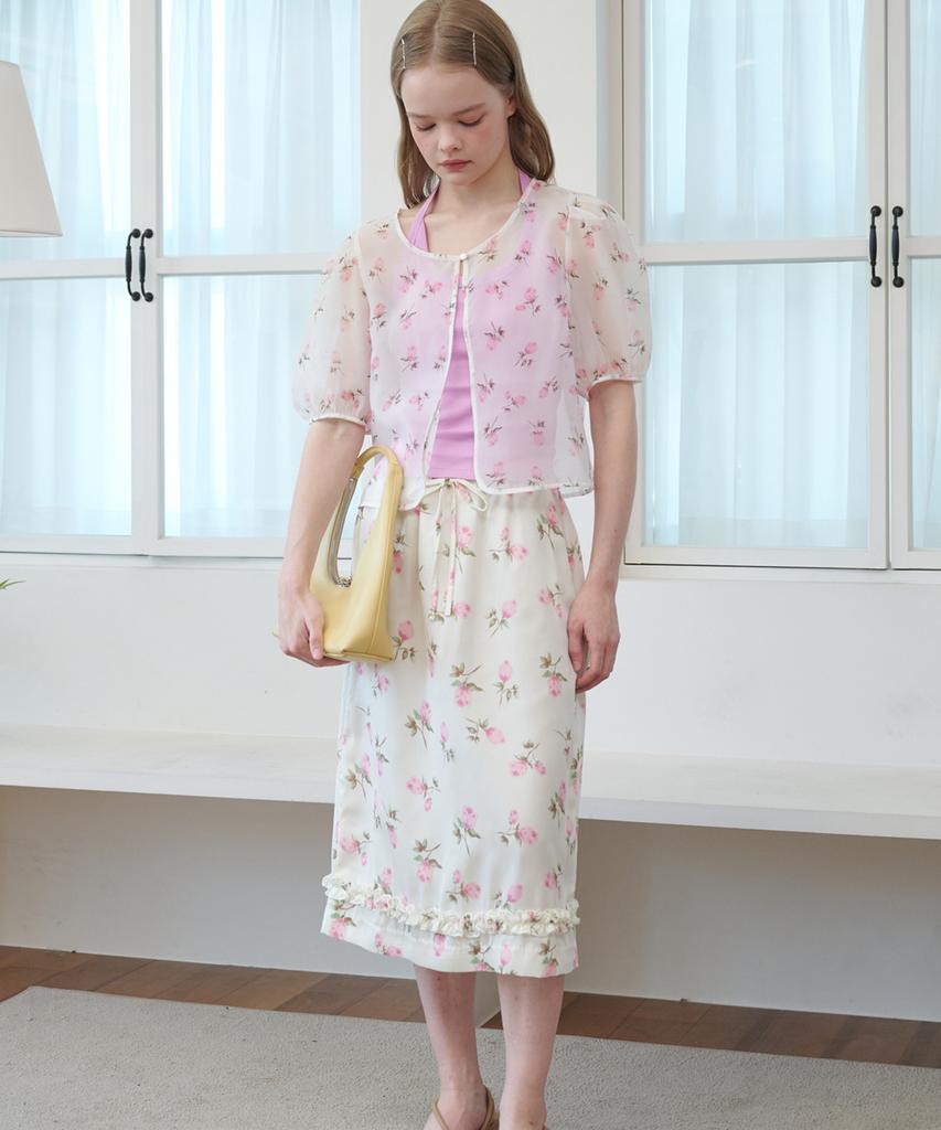 Opening Sunshine Frill Midi Satin Skirt Cream Flower