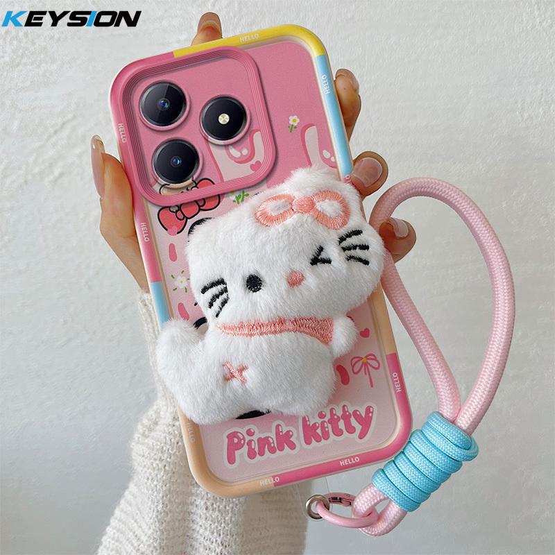 KEYSION Милый 3D мультяшный плюшевый чехол для Realme C63 C61 со шнурком Мягкий силиконовый противоударный чехол для телефона Realme C53 C51