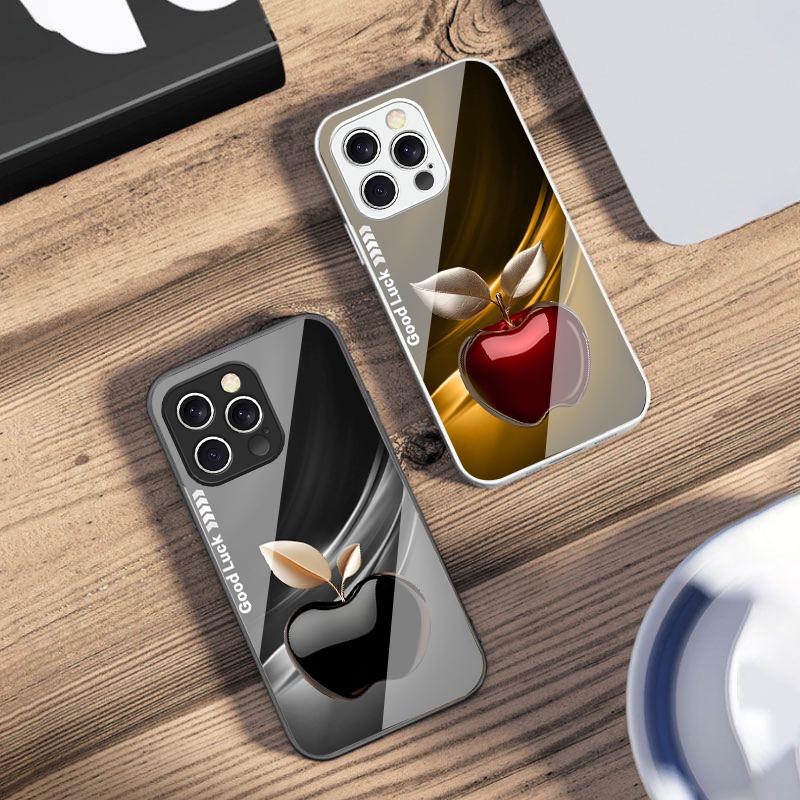 Простой Черный Счастливое Яблоко Для iPhone 16 E 15 14 13 Plus 12 mini 11 Pro Max XR Xs Max X 7 8 6 6S 2022 Закаленное Стекло Чехол для Телефона