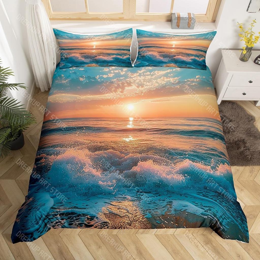 Комплект постельного белья с пляжной тематикой размера кинг, квин, пододеяльник с океанской волной и закатом, прибрежный морской пододеяльник, чехол на одеяло с морским пейзажем