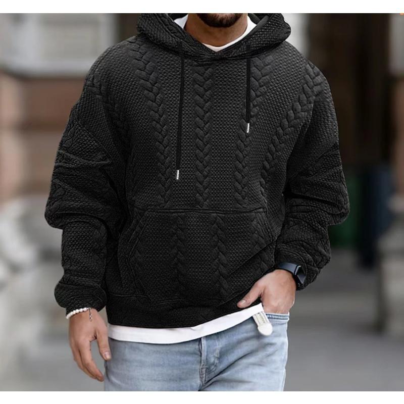 Men S Casual Hooded Sweatshirt Jacquard Solid Color Long Sleeve Loose Fit