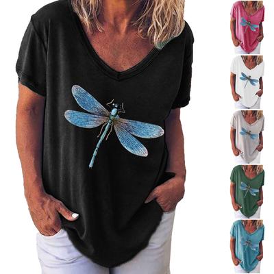 Женская модная повседневная свободная футболка с коротким рукавом с v-образным вырезом и принтом, топ