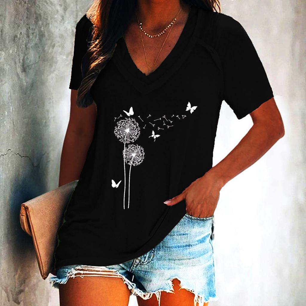 Women's Fashion V-neck Print Pullover Casual Short-sleeved T-shirt