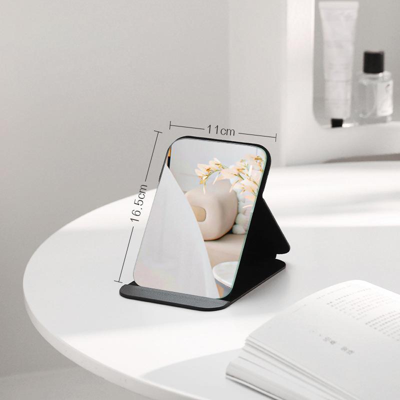 Desktop Makeup Mirror Solid Color Pu Leather Simple Portable Handheld Black Mirror Foldable Student Compact Cute Pocket Mirror
