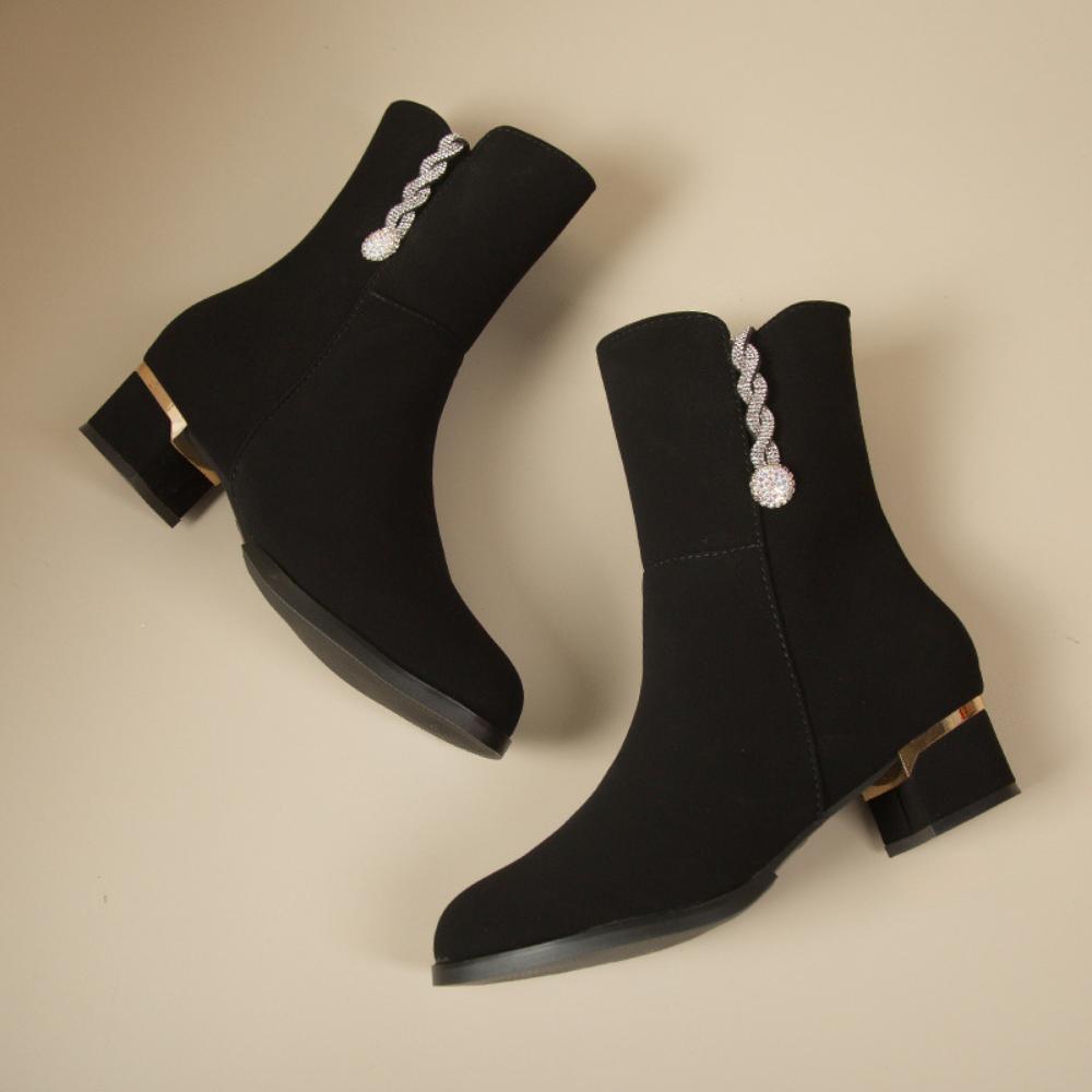 Ботинки Женские средние ботинки Грубый каблук Матовые меховые ботинки Женские ботинки Короткие ботинки