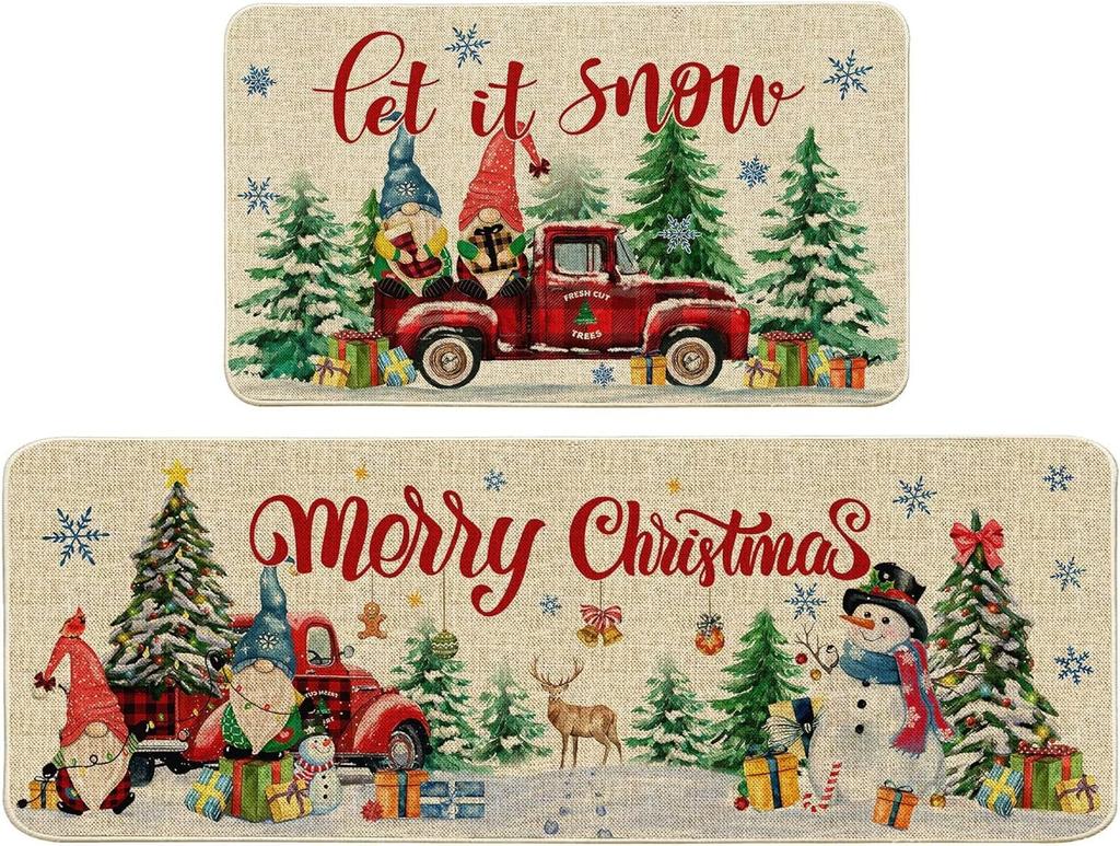 Christmas Kitchen Mats for Floor, Christmas Kitchen Rugs Set of 2 - Farmhouse Truck Red Buffalo Plaid Christmas Kitchen Decor