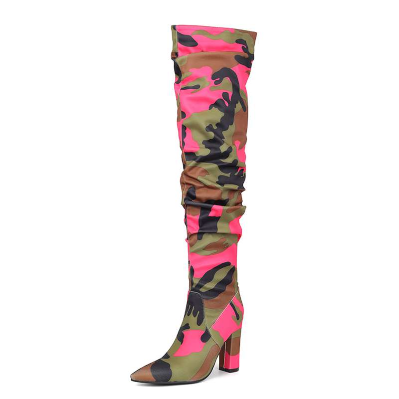 lenkisen Ткань с камуфляжным узором, осенне-зимняя обувь, супертонкие высокие каблуки, плиссированные ботинки, европейские теплые сапоги выше колена