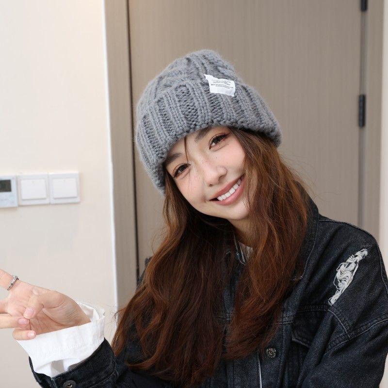 Шапка Женская Вязаная из Толстой Шерсти Осенне-Зимняя Универсальная Большой Окружности Головы Зеленая Свободная Модная Подчеркивает Маленькое Лицо