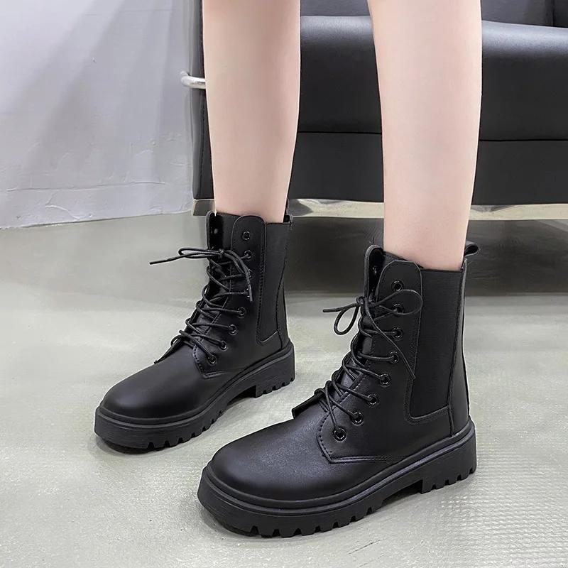 Women's Platform Motorcycle Boots Lace-up Black Pu Ankle Boots Soft Sole Non-slip Casual Shoes Thick Heel Round Toe Chelsea Boot
