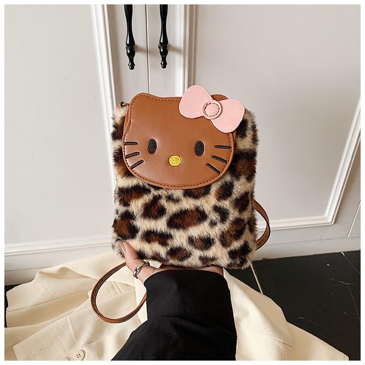 Hello Kitty Fashionable Unisex Nylon Crossbody Bag With Leopard Pattern And Inner Phone Slot For Daily Use