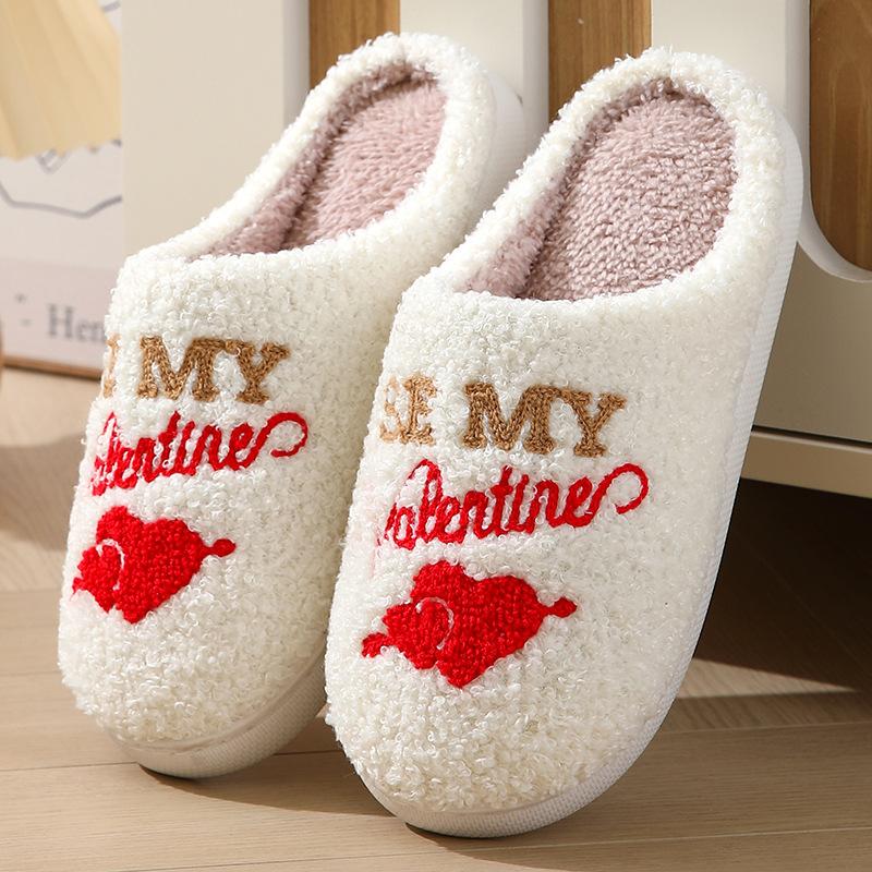 Winter Heart Pattern Fuzzy Slippers Men Women Casual Slip On Plush Lined Shoes Comfortable Indoor Home Valentine's Day Slippers