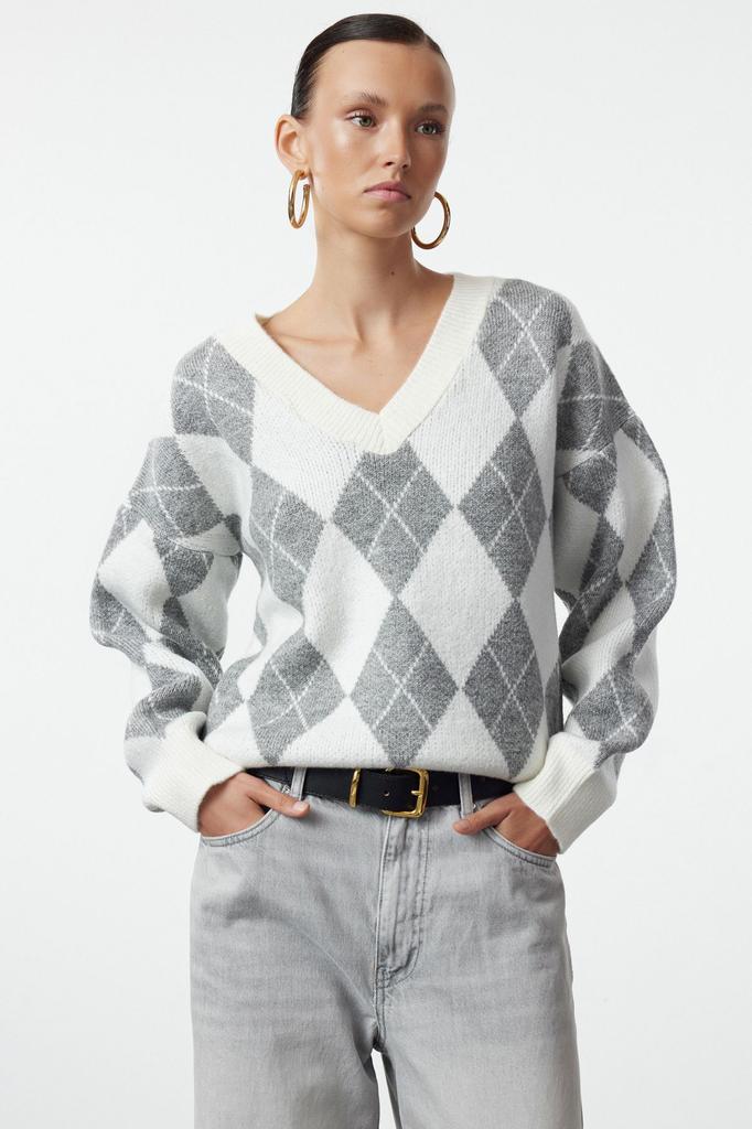 Women's Fashion Ecru Soft Textured Baklava Knitwear Sweater