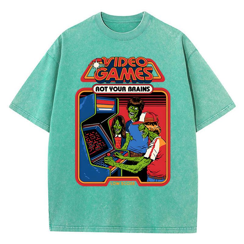 Video Games Rot Your Brains Printing Washed Retro Male Tshirt Oversized Loose T Shirts Cotton T Shirts Breathable