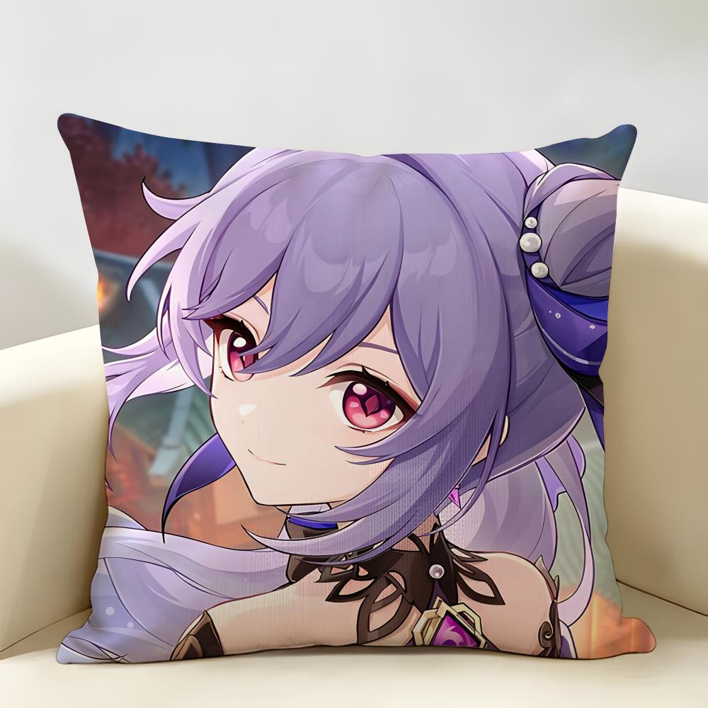 Keqing Genshin Impact Cushion Cover Natural Linen Organic Fabric DoubleSided Printing Room Sofa Decor Pillow Case