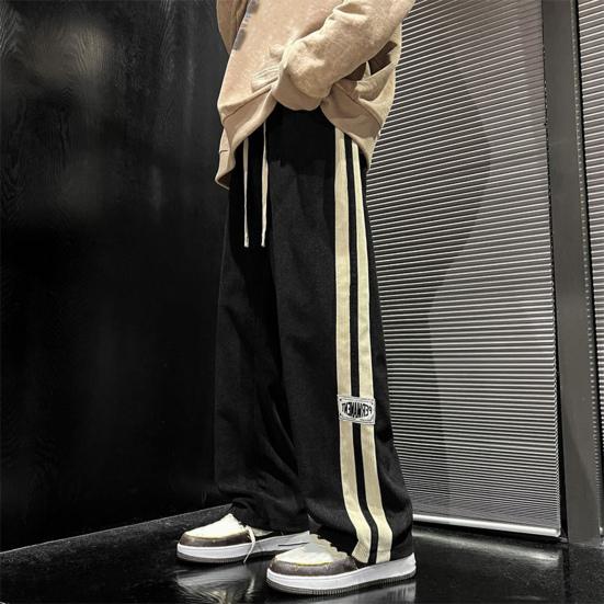 Men Pants Drawstring Elastic Waist Wide Leg Striped Retro Solid Color High Street Full Length Loose Soft Breathable Men Sweatpants Trousers