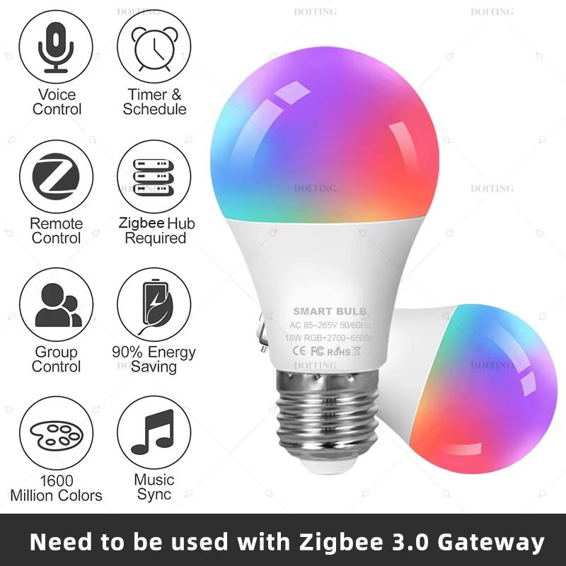 Zigbee 3.0 Smart Led Bulb 110V 220V E27 B22 Lamps RGBCW Works With Alexa  Plus Google Home Assistant APP Voice Control 2MQTT