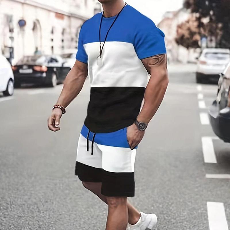 Муж. Комплект из шорт и футболки Футболка Инвентарь Черно-белый Широкие полоски С принтами Круглый вырез На открытом воздухе Уличный С короткими рукавами Одежда 2 шт. Классический Классический