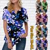Женская летняя футболка с розовым цветочным принтом, футболки с короткими рукавами, повседневные топы, маленький v-образный вырез с короткими рукавами